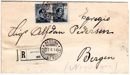 Italien 1914, MeF 2x15 C. auf Einschreiben Drucksache v. Messina n. Norwegen