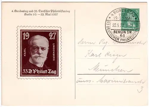 DR, gebr. 5 Pf. 33. Dt. Philatelistentag Mai 1927 m. Abb. Karl Lindenberg