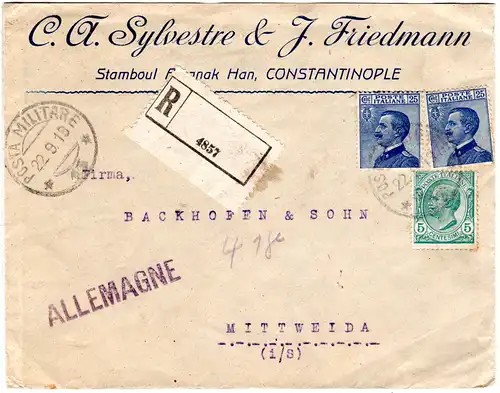 Italien Levante 1919, 5+2x25 C. auf Posta Militare Reko Brief v. Constantinople