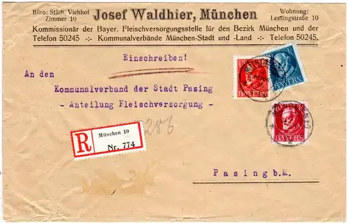 Bayern 1919, 10+15+20 Pf. Ludwig auf Einschreiben Brief v. München 10 n. Pasing