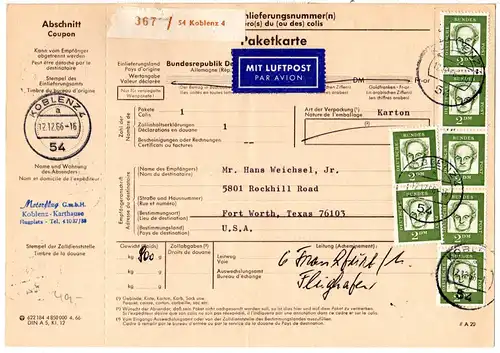 BRD 1966, reine MeF 7x2 M. auf Luftpost Paketkarte v. Koblenz 4 n. USA. 