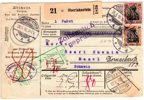 DR 1916, 30+50 Pf. Germania m. perfin auf Paketkarte v. Oberlahnstein i.d. CH