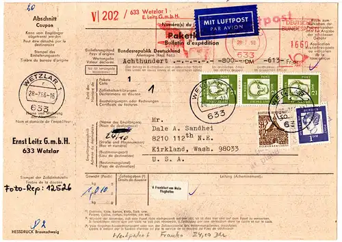 BRD 1966, 24,10 DM Mischfrankatur auf Luftpost Wert Paketkarte v. Wetzlar n. USA