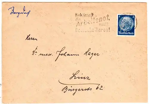 DR 1933, 4 Pf. m. perfin auf Drucksachenumschlag v. Bergedorf n. Österreich.