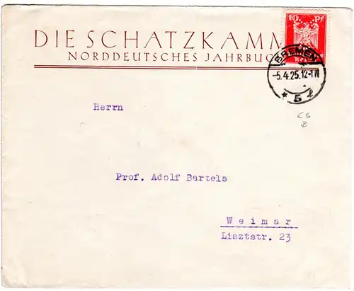 DR 1926, 10 Pf. m. perfin auf Firmenumschlag v. Bremen.