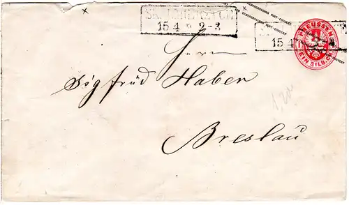 Preussen, R2 SKALMIERZYCE auf 1 SGr. Ganzsachenumschlag n. Breslau