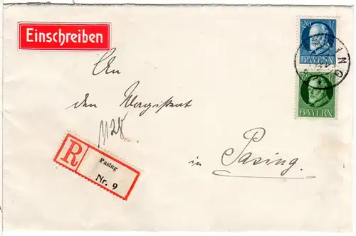 Bayern 1917, 7 1/2+20 Pf. auf portorichtigem Orts-Einschreiben Brief v. Pasing