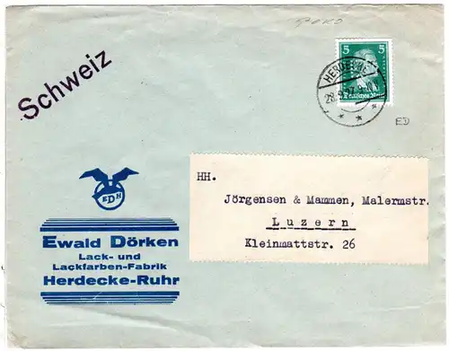 DR 1927, 5 Pf. Schiller m. perfin auf Firmenbrief v. Herdecke-Ruhr