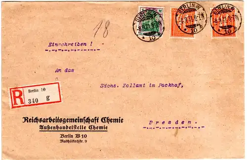 DR 1921, 1 Mk+2x40 Pf. m. perfin auf Rekobrief d. Reichsarbeitsgemeinsch. Chemie