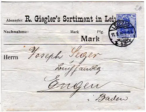 DR 1915, 20 Pf. Germania m. perfin Firmenlochung auf Päckchenadresse v. Leipzig