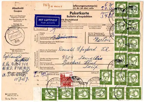 BRD 1966, 17x2 M.+20 Pf. auf Luftpost Paketkarte v. Mainz n. USA.Hohe Frankatur!