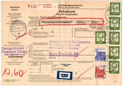 BRD 1966, 6x2 M.+20+40 Pf. auf Luftpost Wert-Paketkarte v. Frankfurt n. USA
