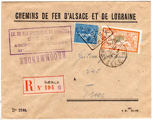 Frankreich, Chemins De Fer D´Alsace Reko Brief v. Sierck m. 1+2 Fr.
