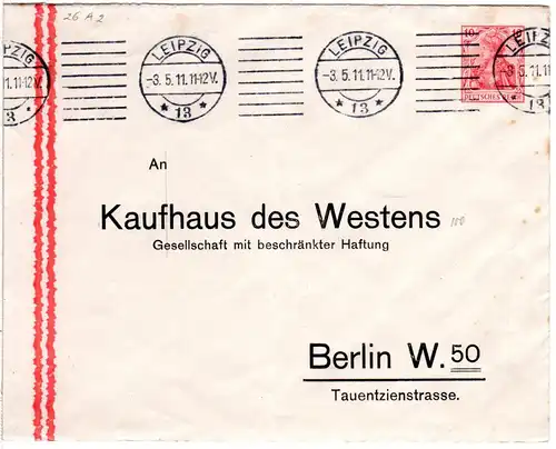 DR 1911, v. Leipzig gebr. 10 Pf. Germania Privatganzsache Kaufhaus des Westens