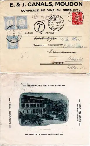 Schweiz 1938, 20 C. auf Weinhandel Bilderbrief v. Moudon m. 3 NL Portomarken.