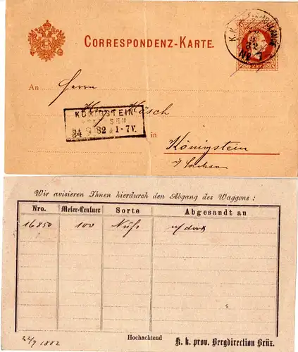 Österreich 1882, 2 Kr. Ganzsache m. rs. K.K. Bergdirektion Brüx u. Bahnpost-K1