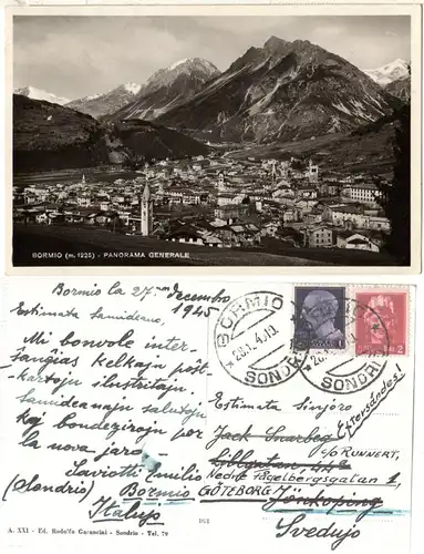 Italien 1945, 1+2 L. auf sw-AK v. Bormio n. Schweden