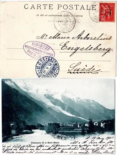 Frankreich 1901, AK m.10 C. u. Hotel Mer de Glace Cachet v. Chamonix n. Schweden