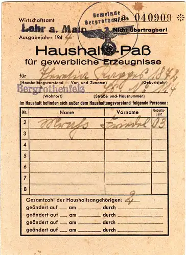 DR 1944, Haushalts-Pass des Amtes Lohr a. Main f. ....in Bergrothenfels
