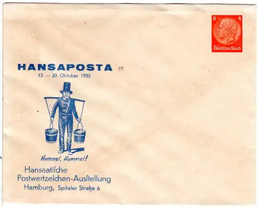 DR 1935, ungeb. 8 Pf. Privat Ganzsache Hansaposta Briefmarkenausstellung Hamburg