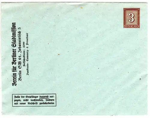 DR, ungebr. 3 Pf. Privatganzsache Umschlag Verein für Berliner Stadtmission.