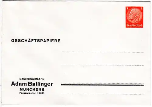 DR, ungebr. 8 Pf. Privatganzsachenumschlag Sauerkrautfabrik A. Ballinger München