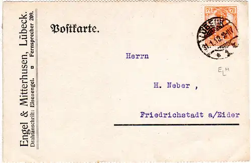 DR 1918, 7 1/2 Pf. Germania m. perfin auf Firmenkarte v. Lübeck