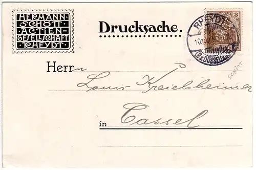 DR 1913, 3 Pf. Germania m. perfin auf Firmenkarte v. Rheydt