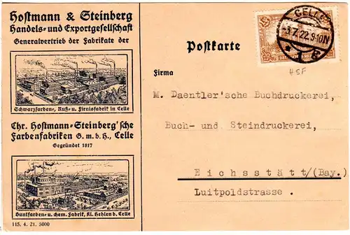 DR 1922, 2,50 Mk. m. perfin auf illustrierter Firmenkarte v. Celle n. Eichstädt