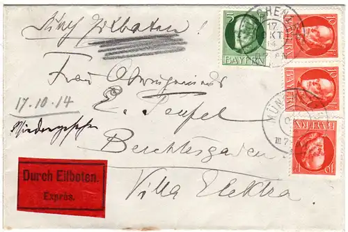 Bayern 1914, 5+3x10  Pf. Ludwig auf Eilboten Brief v. München n. Berchtesgaden