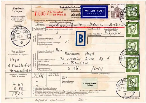BRD 1966, 5x2 M.+10 Pf. auf Luftpost Wert-Paketkarte v. Frankfurt n. USA