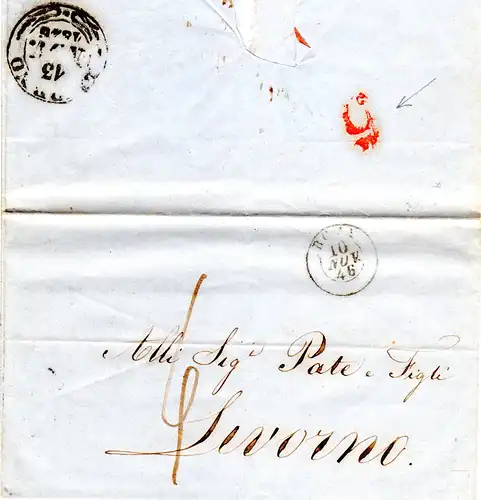 Italien Kirchenstaat 1846, K2 Roma auf Brief m. rücks. Portostpl. "5" n. Livorno