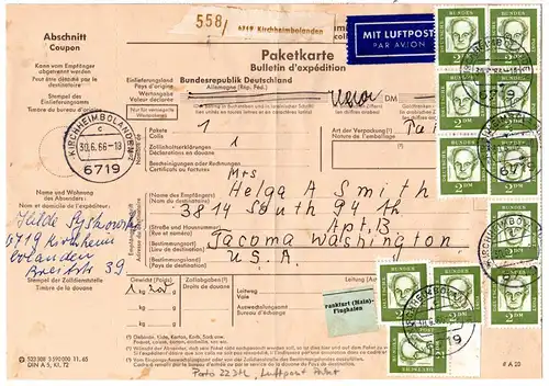 BRD 1966, reine MeF 11x2 M. auf Luftpost Paketkarte v. Kirchheimbolanden n. USA.