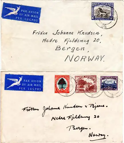Südafrika 1953, 2 Luftpost Briefe v. Izotsha u. Johannesburg n. Norwegen. 