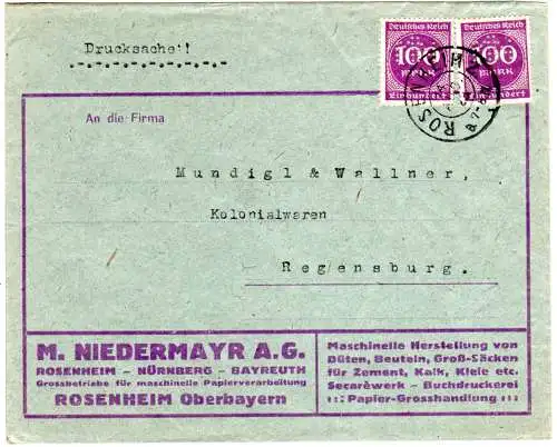 DR 1923, MeF 2x100 Mk. m. perfin auf Firmenbrief v. Rosenheim