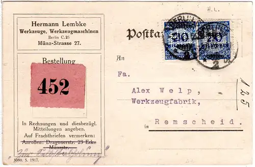 DR 1923, MeF 2x20 Mio. m. perfin auf Firmenkarte v. Berlin