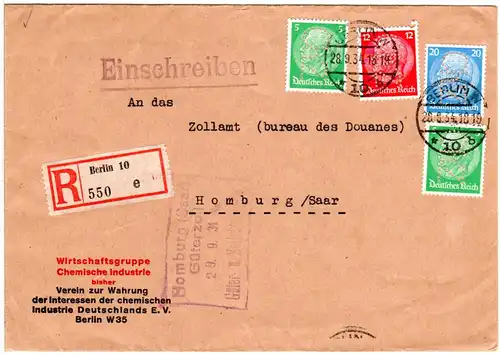 DR 1934, 2x5+12+20 Pf. je m. perfin auf Einschreiben Firmenbrief v. Berlin