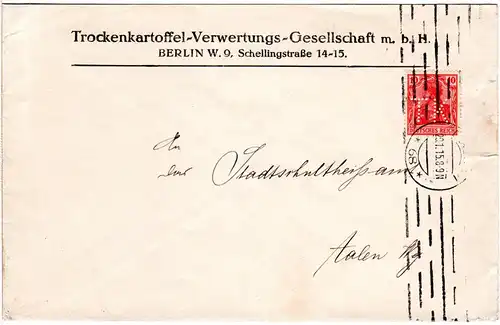 DR 1915, 10 Pf. Germania m. perfin auf Firmenbrief v. Berlin