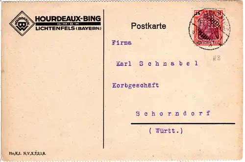 DR 1922, 1 1/4 Mk. Germania m. perfin auf Firmenkarte v. Lichtenfels