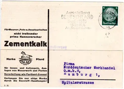 DR 1936, 6 Pf. m. perfin auf illustrierter Firmenkarte v. Hannover