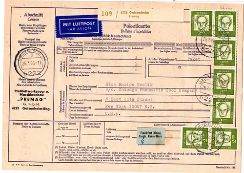BRD 1966, reine MeF 7x2 M. auf Luftpost Paketkarte v. Geisenheim n. USA. 