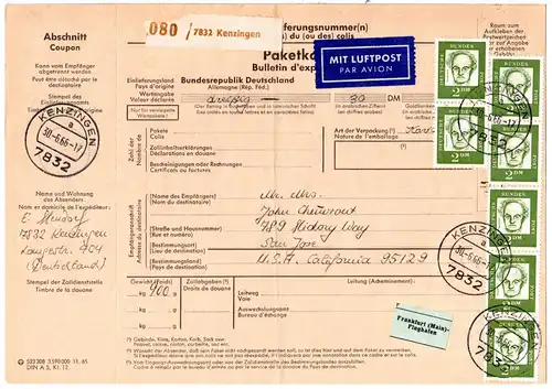 BRD 1966, reine MeF 7x2 M. auf Luftpost Paketkarte v. Kenzingen n. USA. 