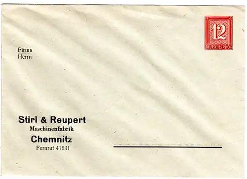 DR, ungebr. 12 Pf. Privatganzsache Umschlag Stirl & Reupert Chemnitz