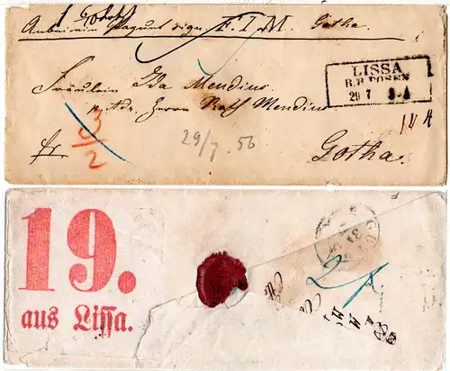 Preussen 1856, R3 LISSA R.B. Posen auf Brief m. rs. grossem rotem Paketzettel 