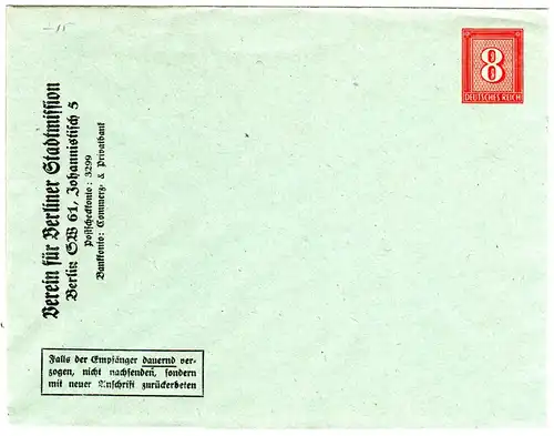 DR, ungebr. 8 Pf. Privatganzsache Umschlag Verein für Berliner Stadtmission