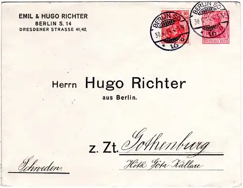 DR 1914, 10 Pf. Privatganzsache Umschlag m. Zusatzfr. v. Berlin n. Schweden