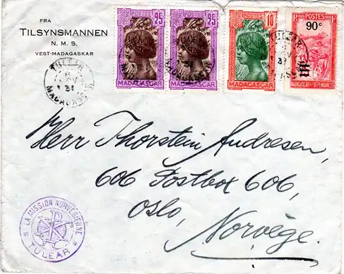 Madagascar 1931, 4 Marken auf Brief der Norwegen Mission Tulear n. Oslo