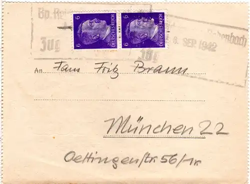 DR 1942, Sudetenland Bahnpost-R3 Reichenberg-Bodenbach auf Faltbrief m. 2x6 Pf.