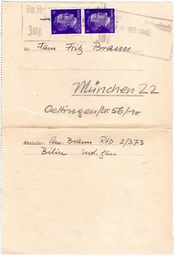 DR 1942, Sudetenland Bahnpost-R3 Reichenberg-Bodenbach auf Faltbrief m. 2x6 Pf.