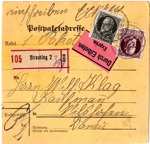 Bayern 1918, 25+80 Pf. Ludwig auf Einschreiben Eiboten Paketkarte v. Straubing